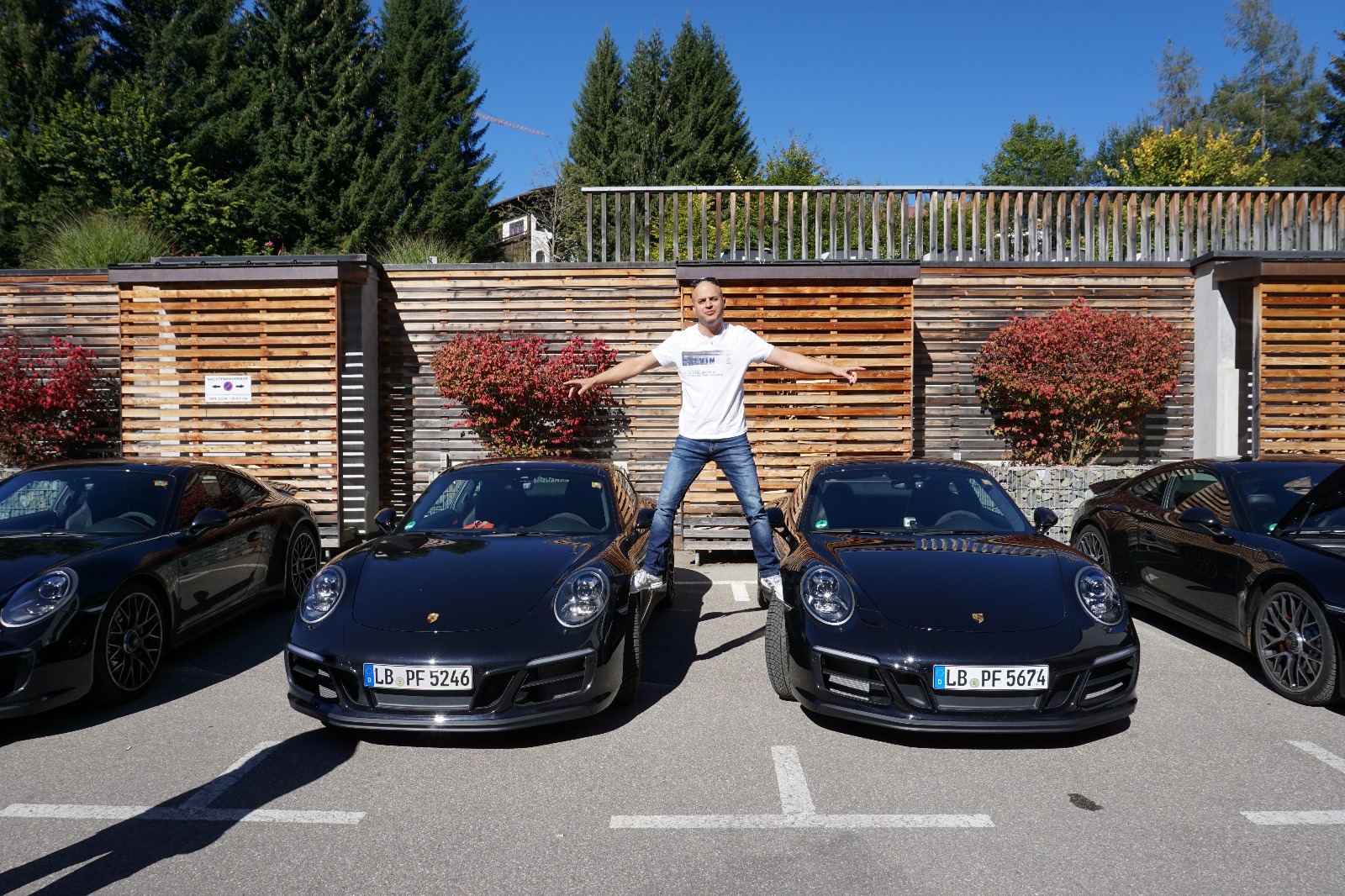 Porsche lineup at luxury hotel